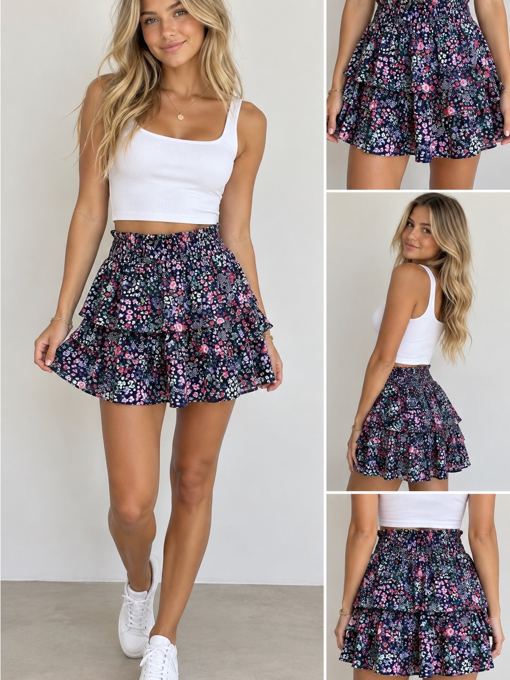 Aeropostale Navy Floral Tiered Skater Skirt with Pink, White & Green Details
